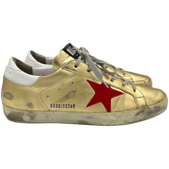 Golden Goose Superstar Low Top Sneakers Gold Leather with Red and Blue Stars - Picture 3 of 9